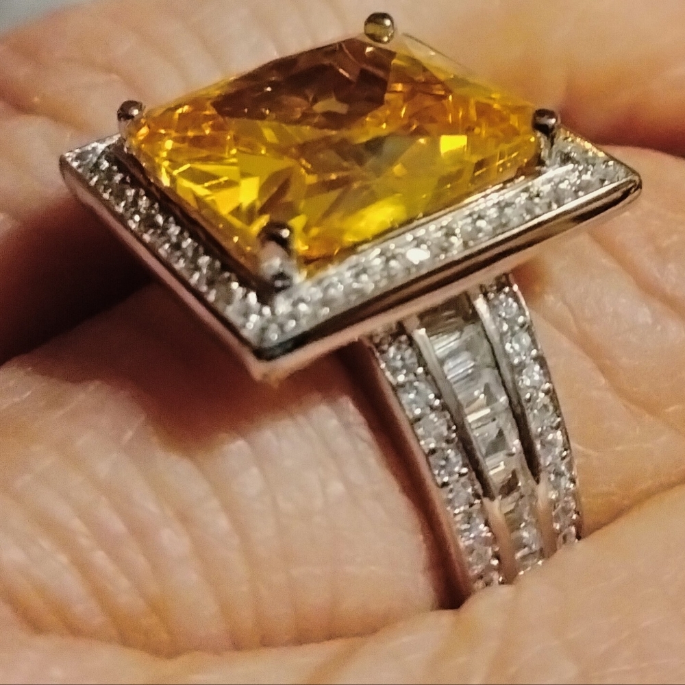Lustro Stella Bright Yellow & White CZ Halo Ring Platinum Over Sterling Silver - Picture 2 of 4